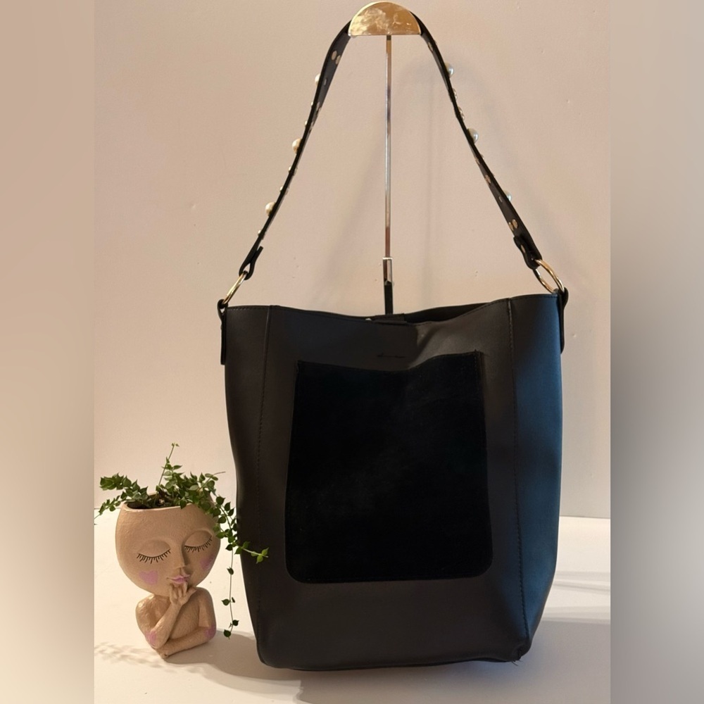 Black Bucket Tote Studded Strap Shoulder Bag Gold Hardware Vegan Leather